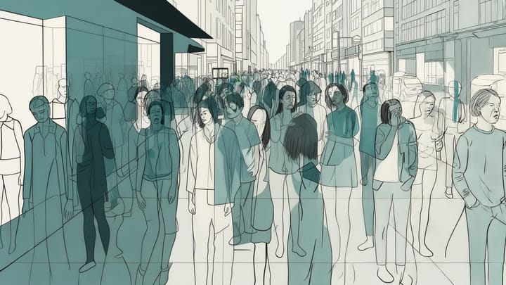 Illustration of a crowded city street with semi-transparent people overlapping, symbolizing invisibility and social erasure in public life.