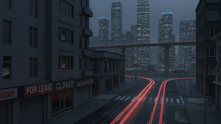 A dark, empty city street at night with closed storefronts and “For Lease” signs. 