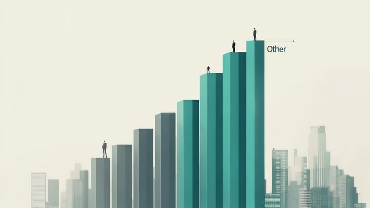 Illustration of ascending bars like a growth chart with small figures standing on top, the tallest labeled “Other,” symbolizing economic hierarchy and exclusion.